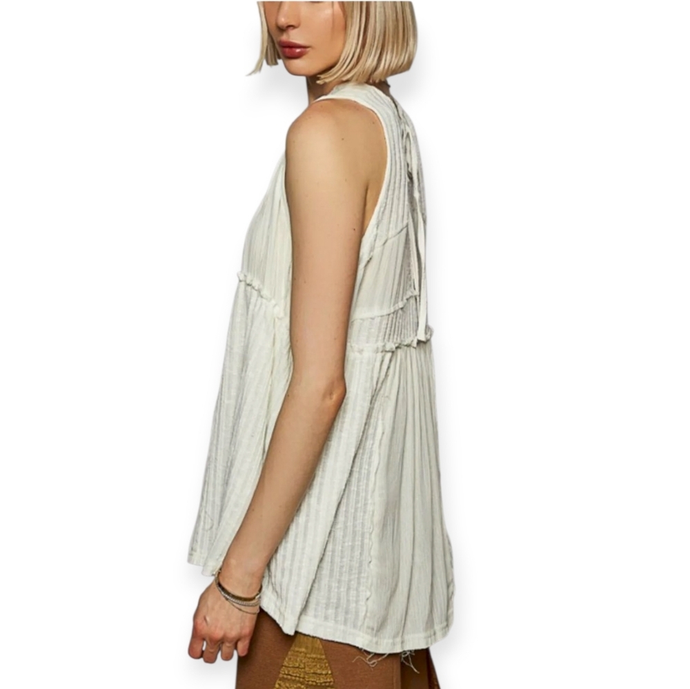 010.POL Boho Lace Trim Tie Back Ivory Neutral Tunic Top - Picture 2 of 4